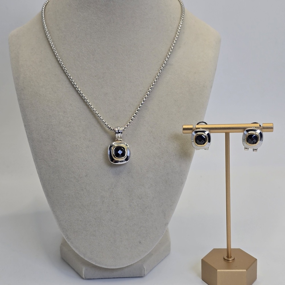 Silver Tone Black Faceted Stone Necklace & Pierced Earrings Set Gold Tone Accent - Picture 2 of 13